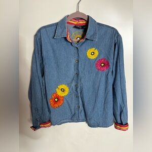 Lighthouse‎ Apparel Vintage Denim Button Down with Floral Embroidery - Medium